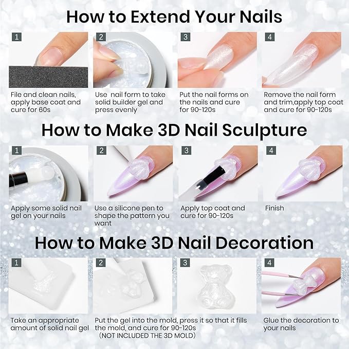 MIZHSE Solid Builder Gel for Nails Kit: 2PCS 30g 3D Pearl White & Clear Hard Gel for Nailswith Nail Forms 3D Silicone Mold Soak off U V LED Builder Gels for Extension Home Manicure