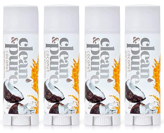 Lip Balm 4-Pack (Coconut) | Lip Care Set With 100% All Natural Beeswax | Vitamin E Oil | Flavored Lip Balm for Dry, Chapped Lips | Made in Australia