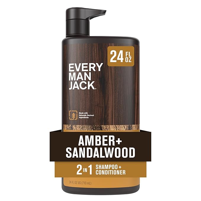 Every Man Jack 2-in-1 Daily Shampoo + Conditioner - Amber + Sandalwood | Nourishing For All Hair Types, Naturally Derived, Cruelty-Free Shampoo and Conditioner Set for Men | 24oz -1 Bottle