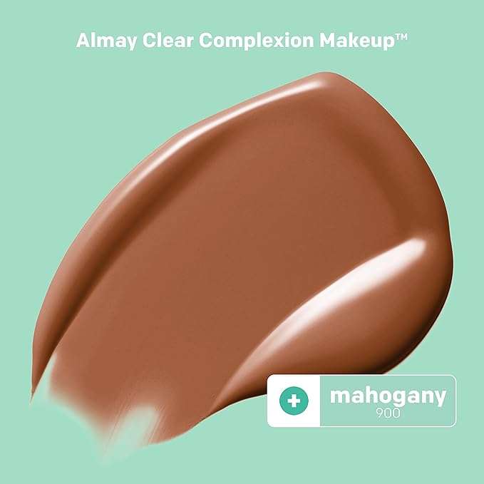 Almay Clear Complexion Acne Foundation Makeup with Salicylic Acid - Lightweight, Medium Coverage, Hypoallergenic, Fragrance-Free, for Sensitive Skin, 900 Mahogany, 1 fl oz.