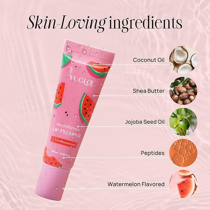 YUGLO Lip Plumping Gloss with Multi-Peptides | Watermelon Flavor | Hydrating & Nourishing Lip Gloss Treatment for Smooth, Youthful Lips | High-Shine Lip Plumper