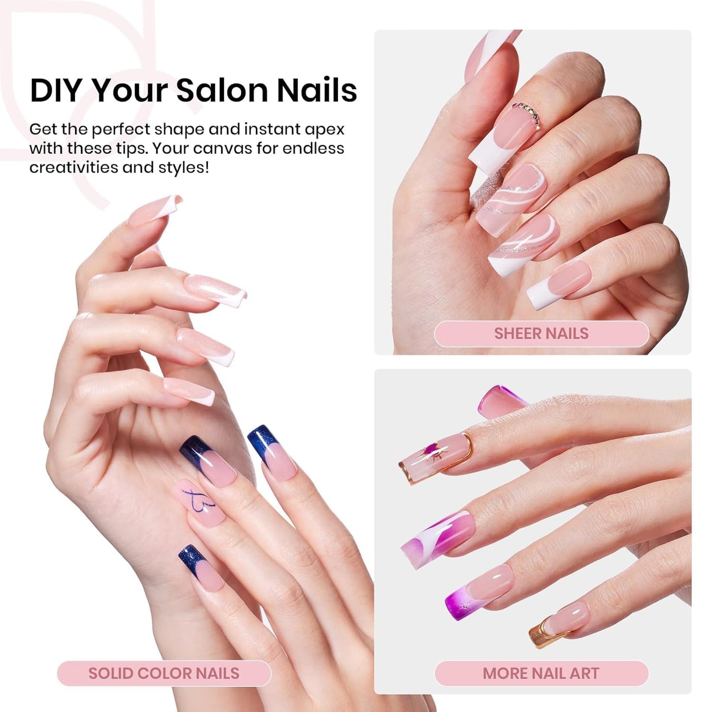 Beetles Tipex Nail Kit, Square Medium Nail Tips 224 Pcs 16 Sizes Pre-Etched Fake Nails with Tipex Nail Glue Mini Nail Lamp - Thick Acrylic Nail Set Pre-Builder Gel Press-on Nails