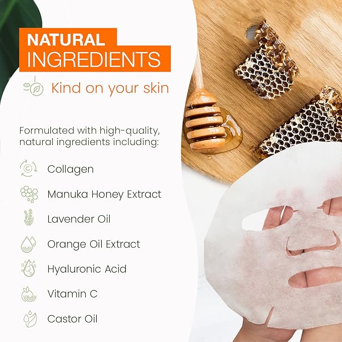 Collagen & Manuka Honey Sheet Face Mask - Anti-Aging, Hydrating, Skin Firming, Reduces Fine Lines, Dermatologist Tested, Cruelty Free Korean Skin Care For All Skin Types - 5 Masks
