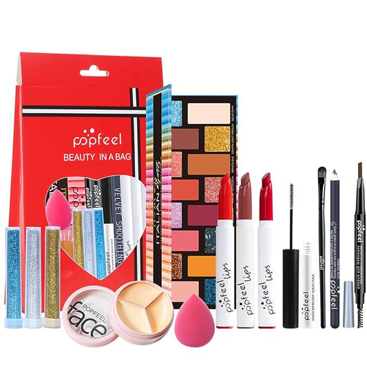 All in One Makeup Kit, Full Starter Essential Makeup Kit for Women Beginners Includes Eyeshadow Palette Lipstick Mascara Eyeliner Eyebrow Pencil Concealer Powder Puff Set