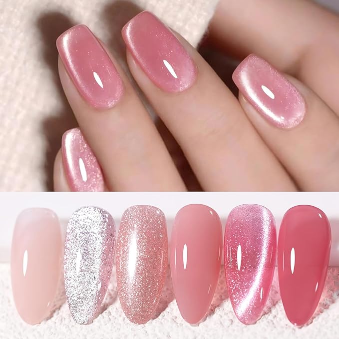 Born Pretty Gel Nail Polish Pink Nude Series,Jelly Transparent,Cat Magnetic Eye,Shimmer Glitter Holographic Pink Nude Gel Polish Kit for Salon Manicure and Nail Art DIY at Home 6Colors