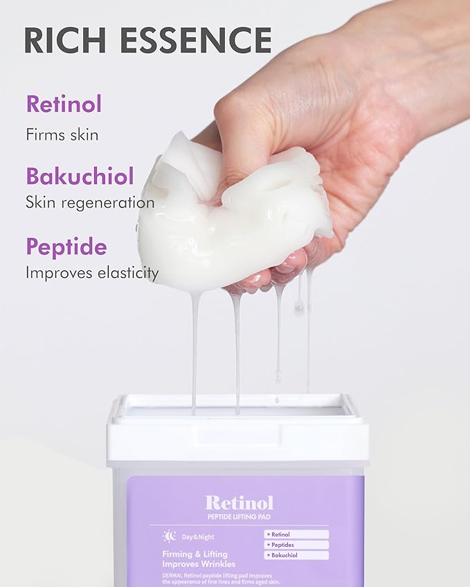 DERMAL Retinol Peptide Lifting Pad - Korean Toner Pad for Anti-Aging & Wrinkles with Bakuchiol - Vegan Pure Cotton Square Pads - High Capacity, 120 Sheets