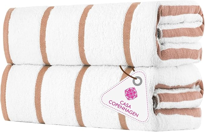 CASA COPENHAGEN Cabana Pool Bath Sheet, 70" x 35", Designed in Denmark Rough and Tough, Quick Dry, for Pool, Bath, Beach & Shower 2 Piece Cotton Pool Towels Set - White Beige Stripe