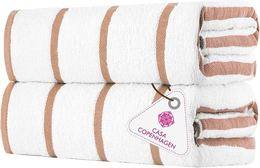 CASA COPENHAGEN Cabana Pool Bath Sheet, 70" x 35", Designed in Denmark Rough and Tough, Quick Dry, for Pool, Bath, Beach & Shower 2 Piece Cotton Pool Towels Set - White Beige Stripe
