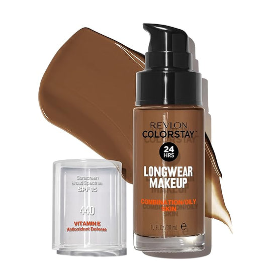 Revlon Liquid Foundation, ColorStay Face Makeup for Combination & Oily Skin, SPF 15, Medium-Full Coverage with Matte Finish, Mahogany (440), 1.0 oz