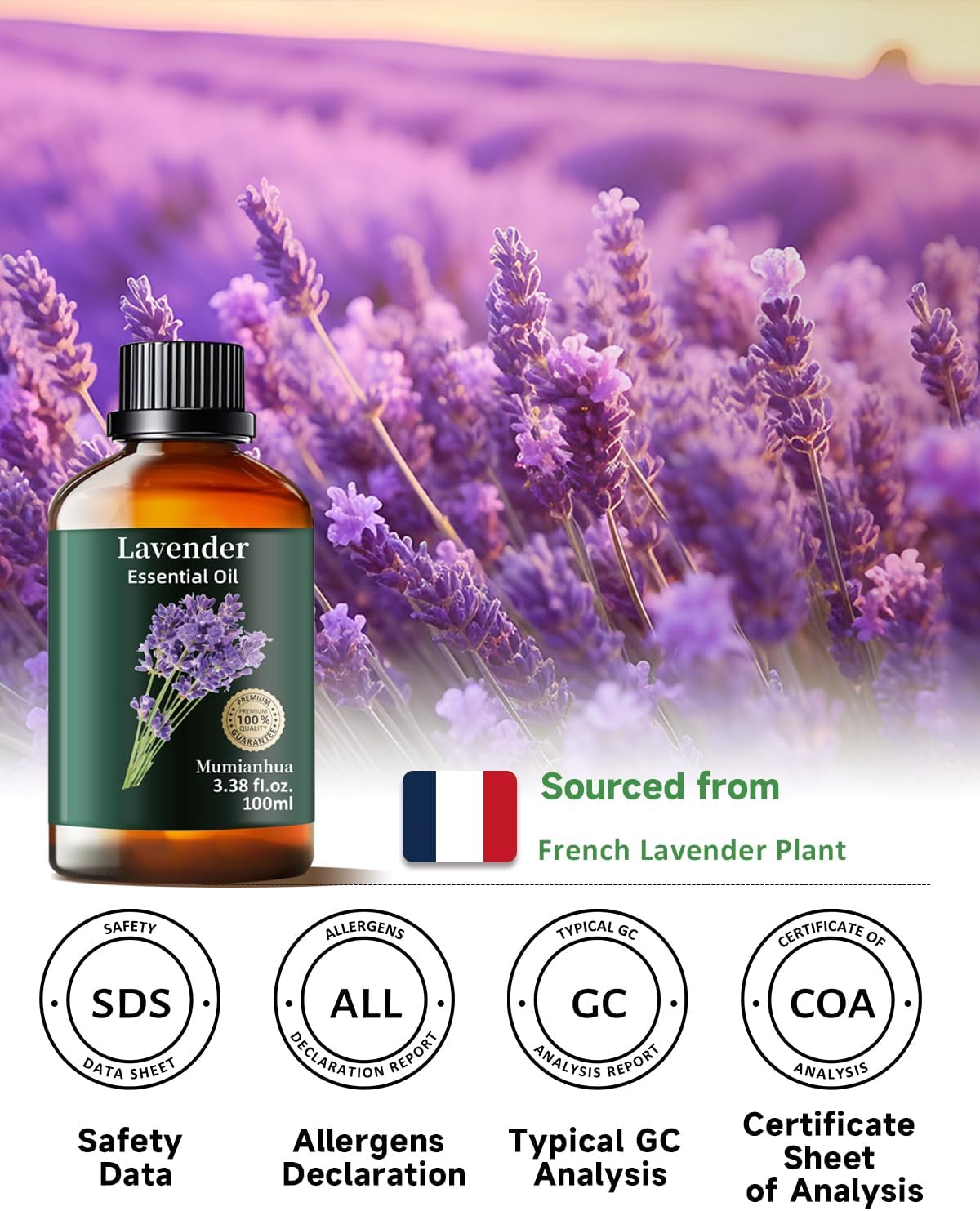 Mumianhua Lavender Essential Oil 100% Pure - Therapeutic Grade Natural Lavender Oil Bulk for Aromatherapy Diffuser, Humidifier, Laundry, Skin & Hair Care, Candle Making,Relaxation 3.38 Fl Oz