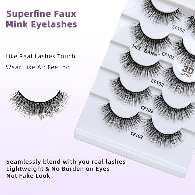 Miz Barn Lashes 5 Pairs Cat Eyes Wispy Lightweight Natural 3D Cashmere Soft Long Extension Eyelashes Pack Handmade Luxurious Volume Fluffy False Eyelashes (CF102)