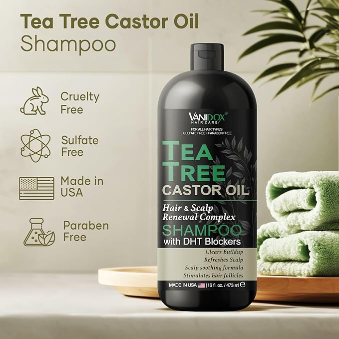 Tea Tree Oil Shampoo with Castor Oil, DHT Blockers, Itchy Scalp Relief, Supports Fuller Hair, Cleanses Dandruff & Buildup, For Men & Women, Made in USA, 16 fl oz