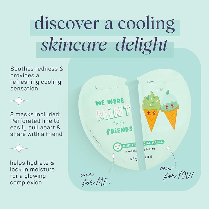 SpaLife We Were Mint to be Friends Duo Minty Facial Masks Set 2-pack - Hydrating, Soothing, and Moisturizing with Natural Mint Scent - Facial Sheet Mask Skin Care - Perfect Valentine Gift Set