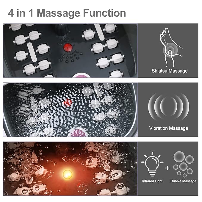 Foot Spa Bath Massager with Heat Bubbles and Vibration Massage and Jets, 16 OZ Calming Lavender Foot Soak Epsom Salt, Foot Soaker with Red Light, 22 Massage Rollers, Adjustable Temp - Grey