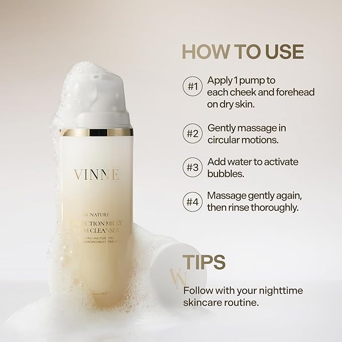 VINNE Signature Milky Foam Cleanser – 3-Step Milk-Oil-Foam Korean Facial Cleanser w/LHA+PHA & 17 Active Ingredients – Oil & Water-Based Dual-Action Face Wash (4.05 fl. oz)