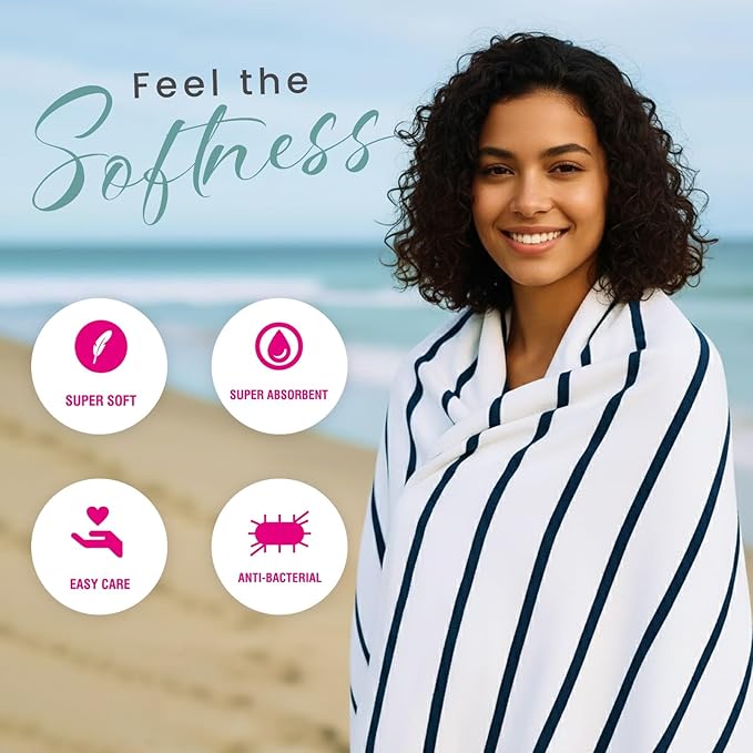 CASA COPENHAGEN Cabana Pool Bath Sheet, 70" x 35", Designed in Denmark Rough and Tough, Quick Dry, for Pool, Bath, Beach & Shower 2 Piece Cotton Pool Towels Set - White Navy Stripe