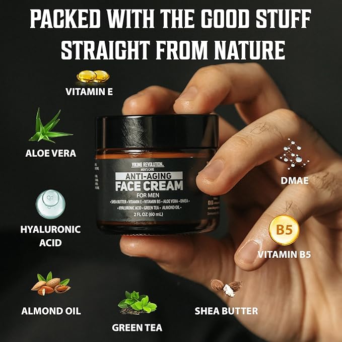 Viking Revolution Mens Anti Aging Face Cream - Mens Face Moisturizer for Men with Hyaluronic Acid, Aloe Vera, Vitamin E - Wrinkle Cream for Men with Vitamin B5, Green Tea (2 Fl Oz)