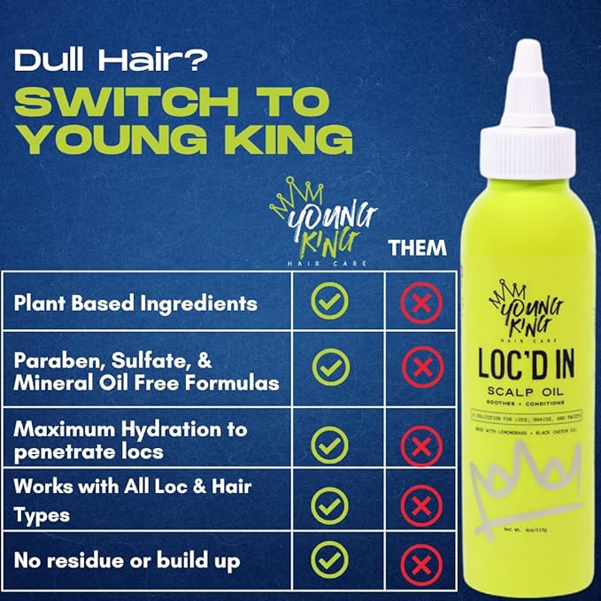 YOUNG KING HAIR CARE Growth Scalp Oil | For All Hair Types | Lemongrass and Black Castor Oil | Soothes and Conditions for Dreads, Braids, Twists | Natural Loc Care and Maintenance (4oz)