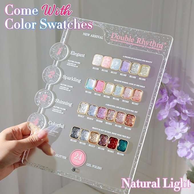 Double Rhythm 28Pcs 0.5Oz Glitter Gel Nail Polish Set Same Color Same Bottle Soak Off Gel Polish Kit Nail Art Manicure Salon DIY at Home (Sparkle Pearl Shimmer Collection-T24-9)