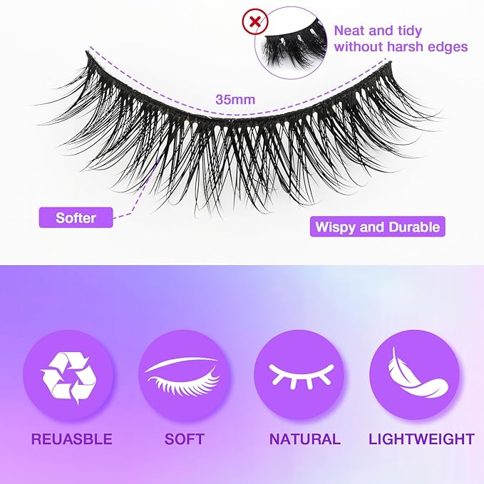 Wispy False Eyelashes Kit With Bond, Seal and Tweezer, 7 Pairs Natural Look Fake Cat Eye Lashes Strips Thin Band Extensions Waterproof Easy Eyelashes for Beginners RQ01