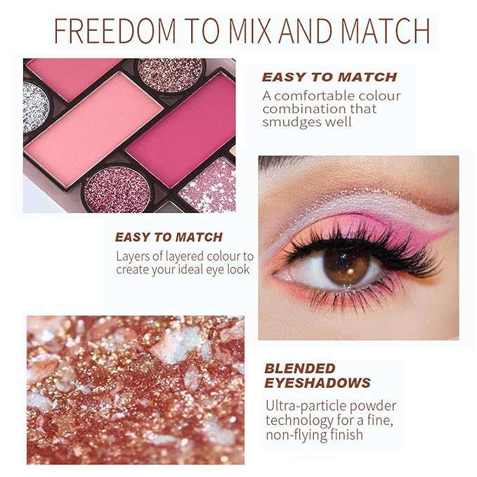 12 Colors Pink Eyeshadow Palette, Mini All in One Blush, Eyebrow & Eye Makeup Kit, Highly Pigmented Matte & Shimmer Shades, Big Artist Comprehensive Facial Makeup, Travel Friendly (02)