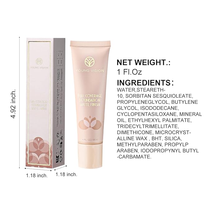 YOUNG VISION Full Coverage Longwear Foundation, Matte Finish, Waterproof, Poreless Liquid Foundation Makeup, 1 fl.oz