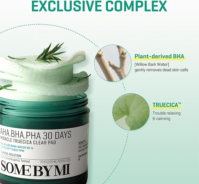 SOME BY MI AHA BHA PHA 30 Days Miracle Truecica Clear Pad – 70 Pads – Korean Exfoliating Centella Face Toner Pads – Gently Clears Impurities, Refines Pores & Smooths Skin Texture – Korean Skin Care