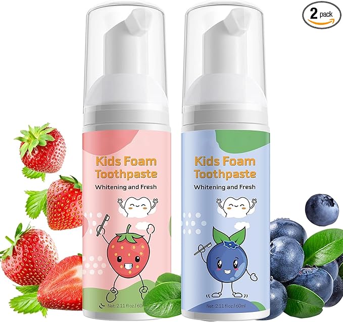 Foam Toothpaste Kids 2PCS, Toddler Toothpaste Cavity Protection 360º Care Natural, Teeth Whitening Toothpaste Fluoride Free for Electric & U-Shape Toothbrushes(Strawberry &Blueberry)