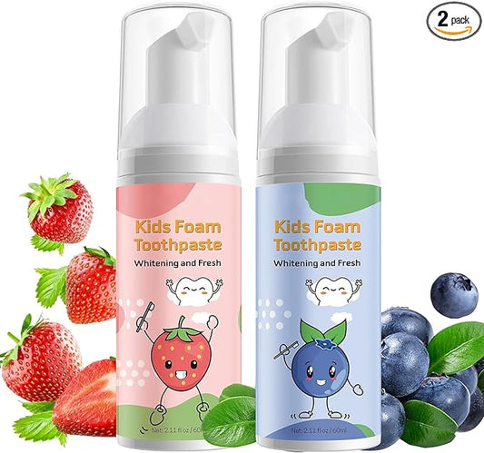 Foam Toothpaste Kids 2PCS, Toddler Toothpaste Cavity Protection 360º Care Natural, Teeth Whitening Toothpaste Fluoride Free for Electric & U-Shape Toothbrushes(Strawberry &Blueberry)