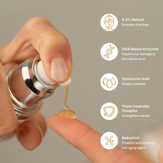 Photozyme GFS Plus Night Serum with 0.3% Retinol and Bakuchiol – Gentle Anti-Aging Peptide Formula – Reduces Wrinkles, Sun Damage & Dark Spots – Firms, Brightens & Smooths Skin – 1.7 fl oz