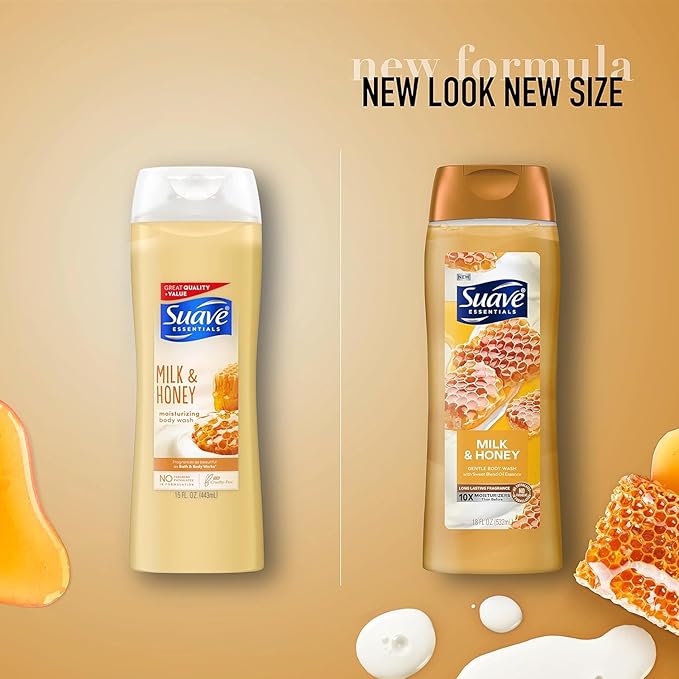 Suave Moisturizing Body Wash, with Milk & Honey and Vitamin E Extract, No Parabens, No Phtahaltes, 18 Oz Pack of 6