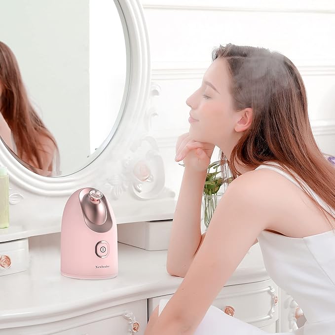 Newbealer Facial Steamer, Mini Aroma Face Steamer, Nano Ionic Hot Mist Facial Humidifier Atomizer, Home Sauna Spa Sprayer Moisturizing Cleansing Pores, 9 Pieces Acne Remover Kit (Pink-Gold, 160ml)