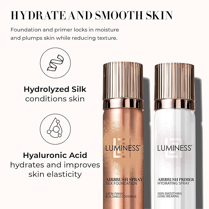 LUMINESS Airbrush Spray Silk Foundation Starter Kit - Rich - Foundation, Primer & Dual-Sided Angled Buffing Brush - Medium, Buildable Coverage, Anti-Aging Formula Hydrates & Moisturizes