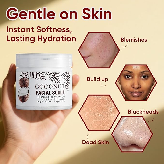 Facial Scrub & Face Exfoliator, Exfoliating Facial Wash with Coconut Facial Scrub Exfoliator - Spa Quality Exfoliating Mask, Deep Cleansing Face Wash Cleanser for Women