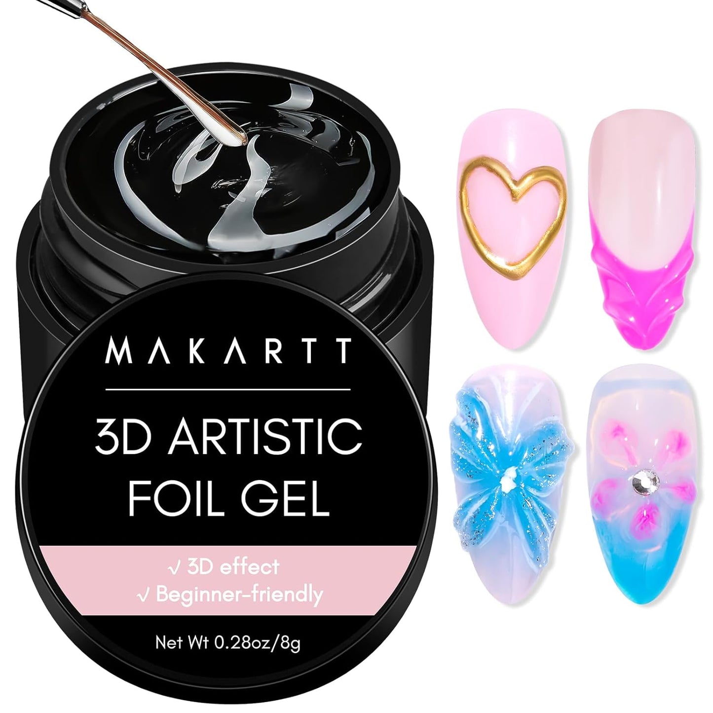 Makartt 3D Nail Gel: 8 ml Nail Foil Glue, Transfer Gels Adhesive for Linear, Shell, Ripple & Chrome Nail Powder Art Designs, UV LED Lamp Required