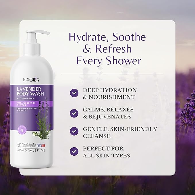 Edenika Lavender Body Wash with Vitamin E, Cleanses, Relaxes & Moisturizes, Stress Relief Shower Gel for Dry and Sensitive Skin, Women & Men, Organic & Natural, 16 fl oz
