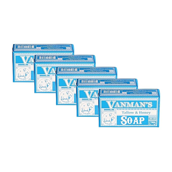 VanMan Beef Tallow and Honey Bar Soap – Pure Grass-Fed Beef Tallow for Skin with Raw Honey & Distilled Water, Unscented Soap, Hydrating & Nourishing, Clean Ingredients, 3.8oz - 5 Pack
