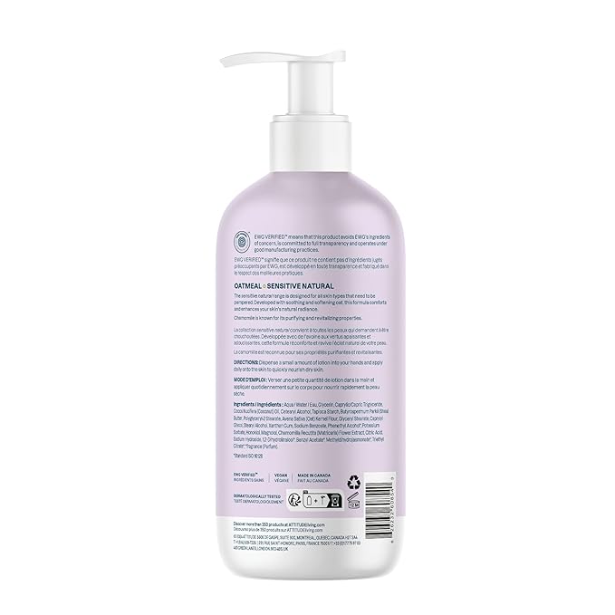 ATTITUDE Body Lotion for Sensitive Skin with Oat, EWG Verified, Dermatologically Tested, Vegan, Chamomile, 16 Fl Oz