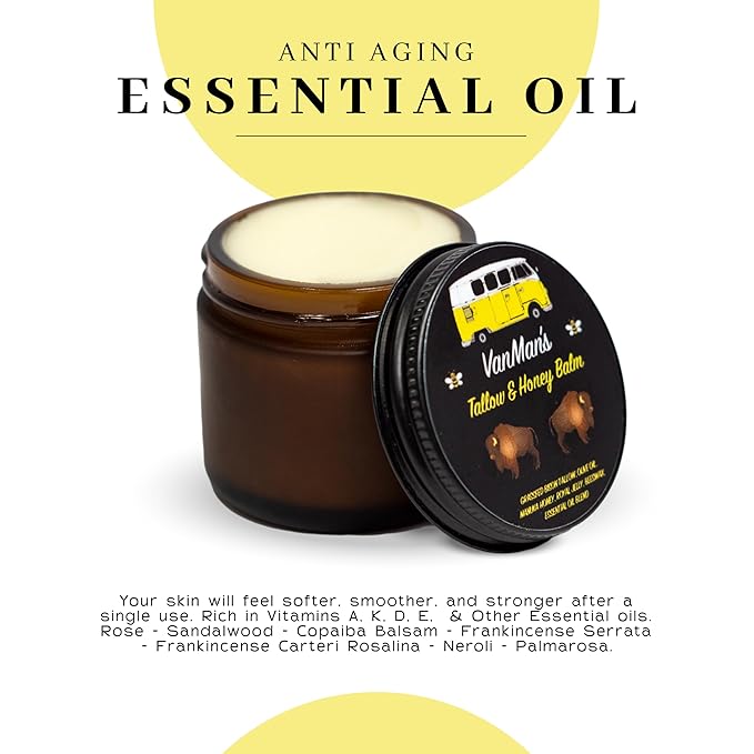 Vanman’s Tallow and Honey Balm - Grass-Fed/Finished Bison Tallow and Essential Oils, Raw Manuka Honey, Organic Royal Jelly, Beeswax, Cold Pressed Olive Oil - Tallow Skin Care for Dry Skin - 2.4 oz
