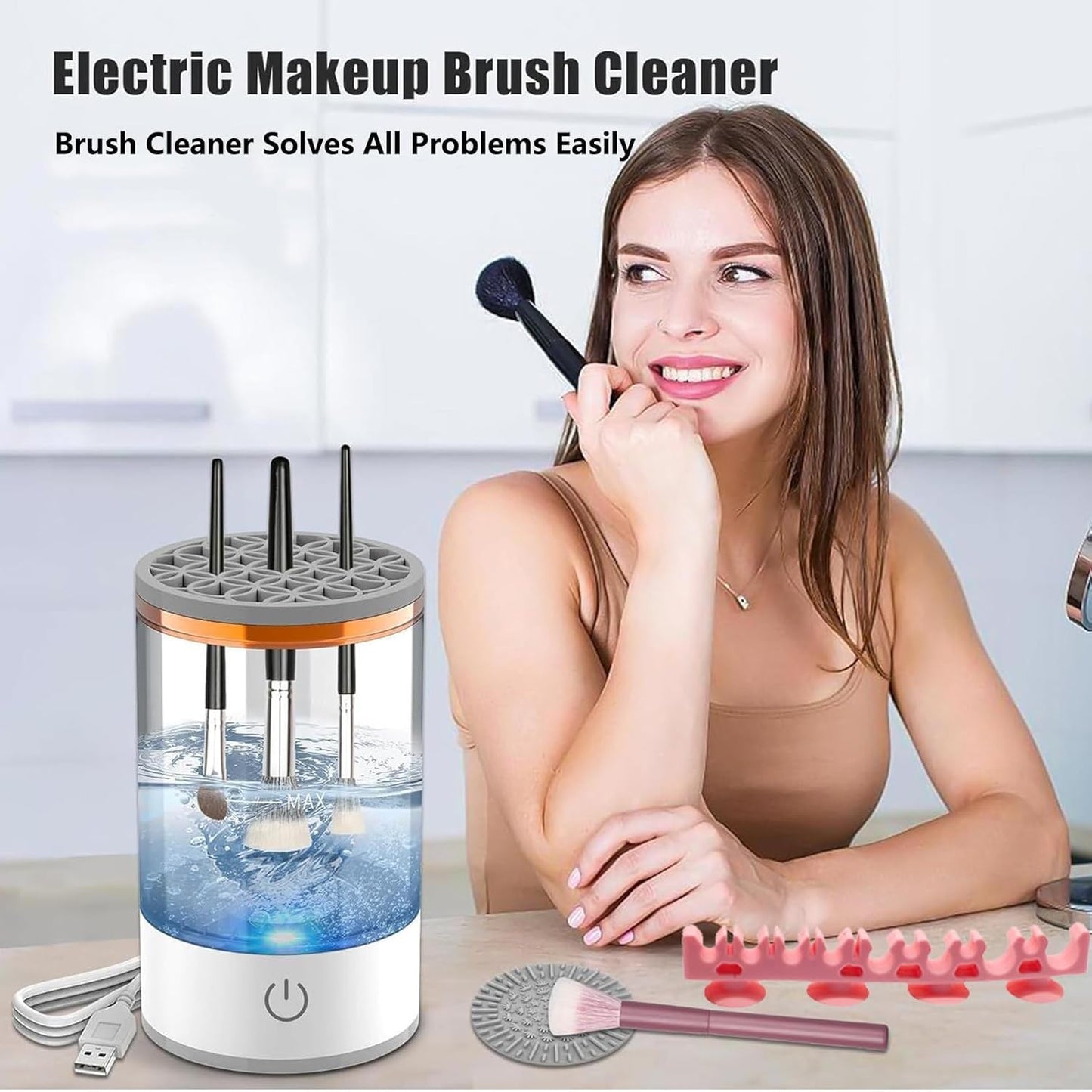 Makeup Brush Cleaner Machine, Portable Electric Makeup Brush Cleaner, Efficient Deep Cleaning Makeup Brushes, Automatic Spinning Make Up Brush Cleaner Fit for All Size Cosmetic Brush (White)