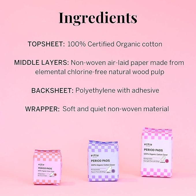 Pixie Organic Cotton Pads for Women - Ultra Thin with Wings, Leak-Proof & Moisture-Wicking for Feminine Care - Compostable, Unscented Menstrual Pads - Regular Absorbency - FSA Eligible - 48 Count