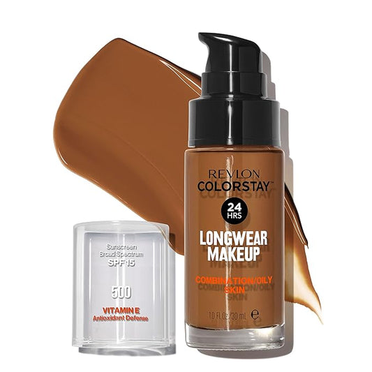Revlon Liquid Foundation, ColorStay Face Makeup for Combination & Oily Skin, SPF 15, Medium-Full Coverage with Matte Finish, Walnut (500), 1.0 oz