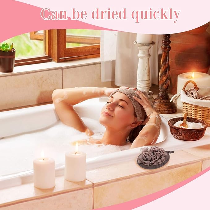 Boao 3 Pcs Bath Shower Pouf Sponge Mesh Pouf Shower Ball Exfoliating Body Sponge Pad Scrubber Glove with Flower Bath Ball (Khaki,Dark Brown,Dark Pink)