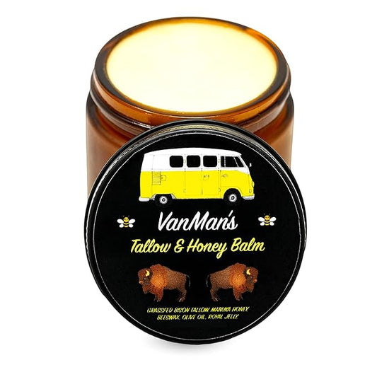 Vanman’s Tallow and Honey Balm - Grass-Fed/Finished Bison Tallow, Raw Manuka Honey, Organic Royal Jelly, Beeswax, Cold Pressed Olive Oil - Unscented Tallow Skin Care for Dry Skin - 2.4 oz