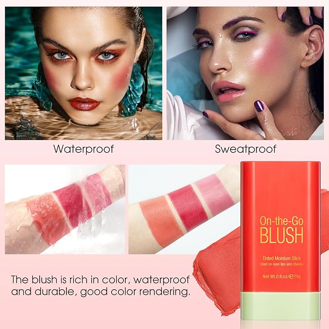 Blush Stick for Cheeks - Cream Makeup Blush Wand, Solid Moisturizer Stick for Cheeks Tint, Natural Blendable Waterproof Korean Matte Long-Lasting Smooth Blushes (#03 Coral Orange)