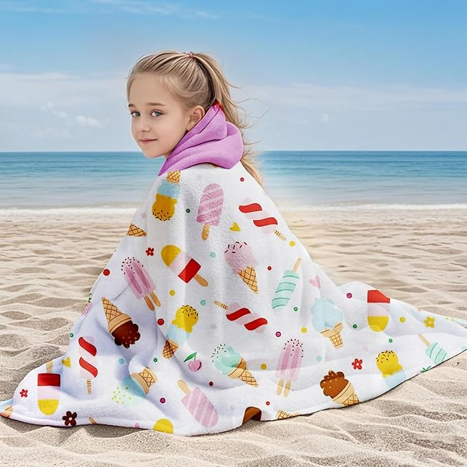 Ice Cream Hooded Beach Towel for Girls, 35" x 60" Kids Poncho Bath Towel for Toddler, Pink &White Soft Absorbent with Hood for 3-10 Years Bathrobe for Swimming Pool Bath