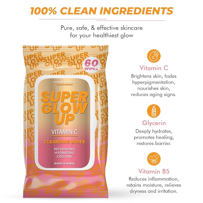 Vitamin C Facial Wipes - Dermatologist-Tested, Anti-Aging, Korean Skin Care, Hydrating & Brightening Face Wipes for Cleansing & Refreshing- Clean Formula, Vegan, 95% Natural- 1 Pack