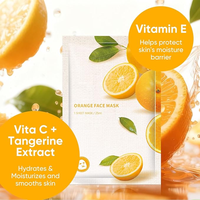 Vitamin C Face Masks Skincare, Hydrating & Moisturizing Sheet Mask for All Skin Types Skin - Firms, Tones & Smooths Fine Lines, Facial Masks for Women Skin Care, Soothe Face Sheet Masks for Spa