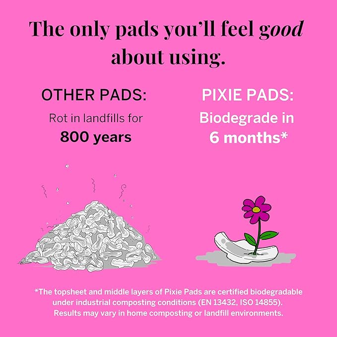 Pixie Organic Cotton Overnight Pads for Women - Extra Heavy Absorbency with Wings - Leak-Proof, Hypoallergenic & Unscented for Feminine Care - Compostable, Biodegradable - FSA Eligible - 36 Count