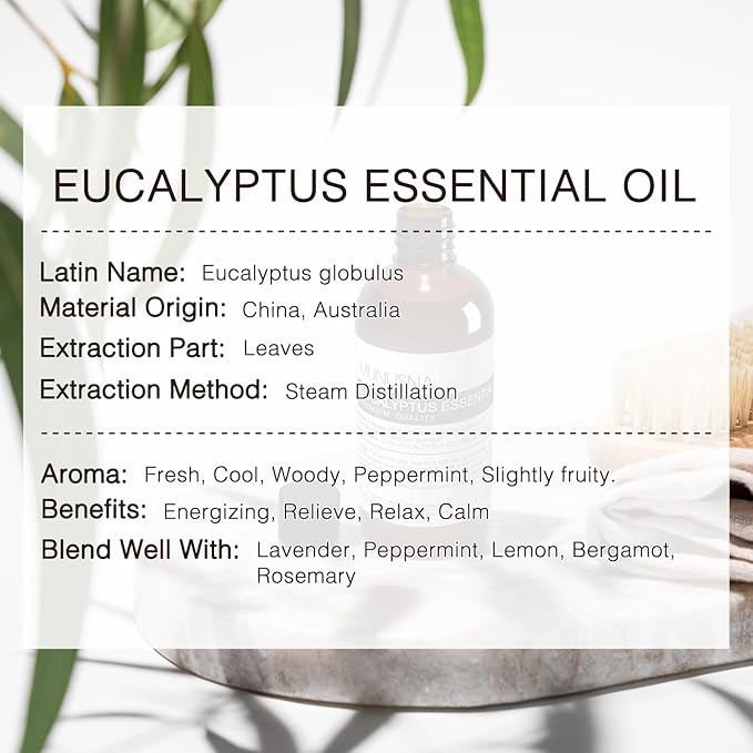 Eucalyptus Essential Oil, Premium Grade Pure Eucalyptus Oils 100ML, 100% Natural Aromatherapy Essential Oil for Shower, Hair, Skin, Diffuser, Massage, Candle, Soap, Bath Bombs Making